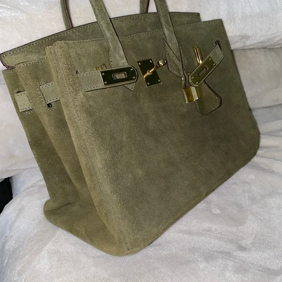 Nee 30cm genuine suede army green top handle handbag Satchels